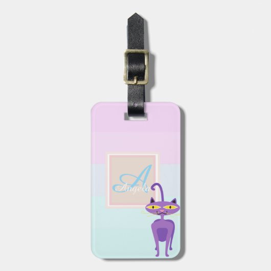 Whimsical Cat Ombre Striped Monogram-Personalized Bagagelabel (Voorkant verticaal)