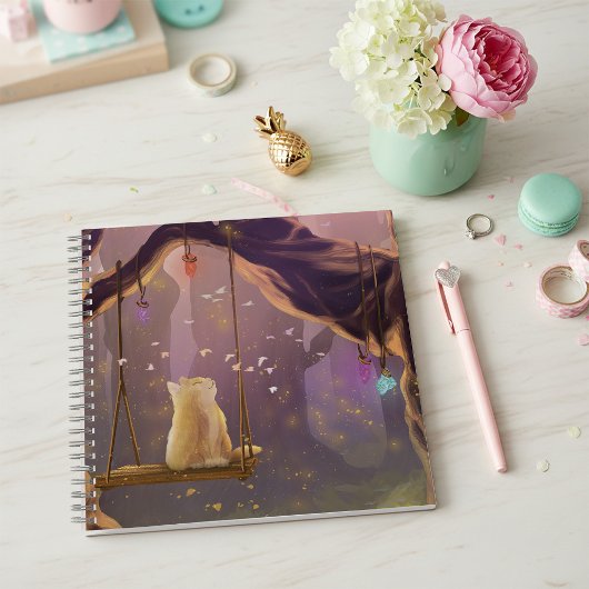 Whimsical Cat on a Swing Square Notebook Notitieboek
