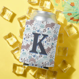 Whimsical Cat Pattern, Blauw Grijs Monogram Blikjeskoeler