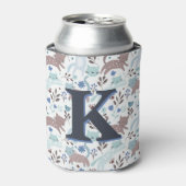 Whimsical Cat Pattern, Blauw Grijs Monogram Blikjeskoeler (Blikje Voorkant)