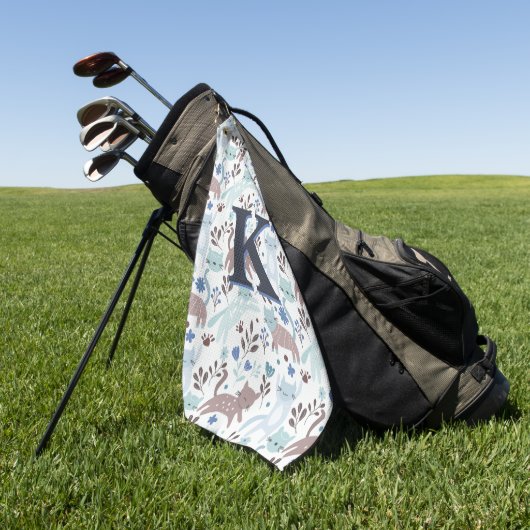 Whimsical Cat Pattern, Blauw Grijs Monogram Golfhanddoek (Groen)