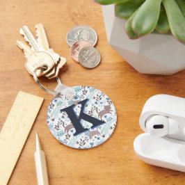 Whimsical Cat Pattern, Blauw Grijs Monogram Sleutelhanger