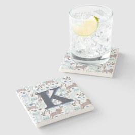 Whimsical Cat Pattern, Blauw Grijs Monogram Stenen Onderzetter