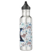 Whimsical Cat Pattern, Blauw Grijs Monogram Waterfles (Rechts)