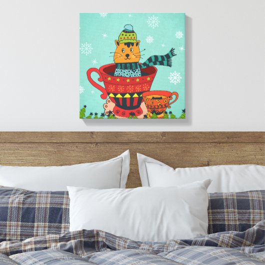 Whimsical Cat Sitting a Teacup Kerstmis Canvas Afdruk (Insitu (Slaapkamer))