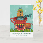 Whimsical Cat Sitting a Teacup Kerstmis Kaart (Gele Bloem)