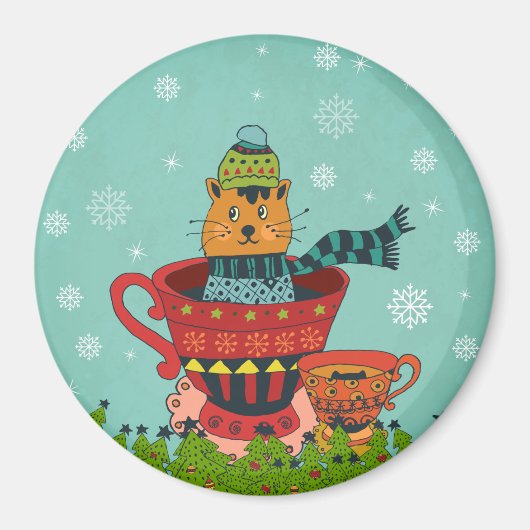 Whimsical Cat Sitting a Teacup Kerstmis Magneet (Voorkant)