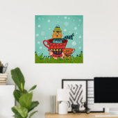 Whimsical Cat Sitting a Teacup Kerstmis Poster (Thuiskantoor)