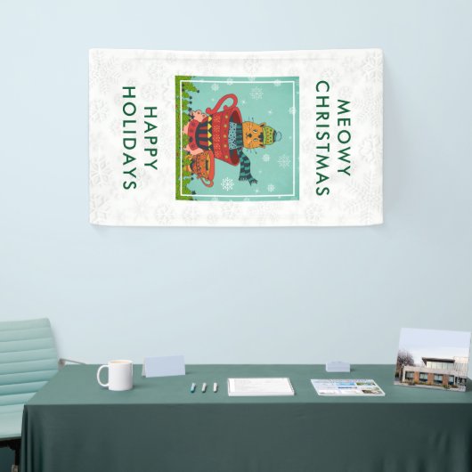 Whimsical Cat Sitting a Teacup Kerstmis Spandoek (Beurs)