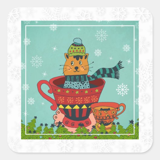 Whimsical Cat Sitting a Teacup Kerstmis Vierkante Sticker (Voorkant)