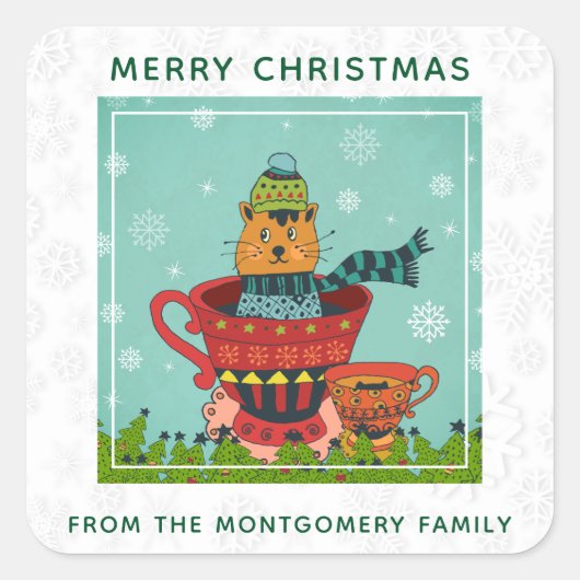 Whimsical Cat Sitting a Teacup Kerstmis Vierkante Sticker (Voorkant)