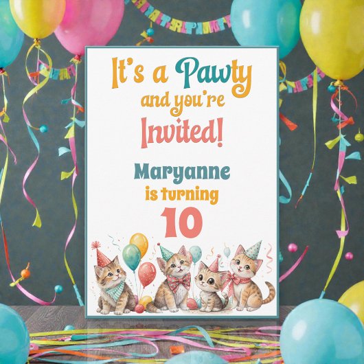 Whimsical Cat Watercolor Birthday Invitation