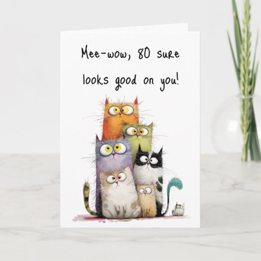 Whimsical Cats Big Eyes 80th Birthday Greeting Kaart (Voorkant)