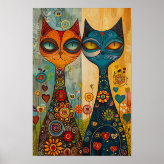 Whimsical Cats in Harmony: Kleurrijke volkskunst Poster
