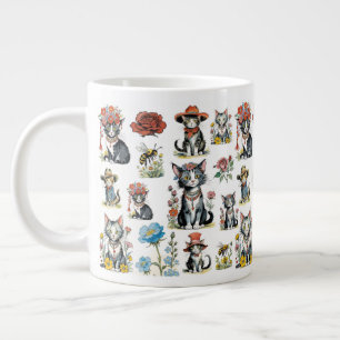 Whimsical Cats in Petten met Bloemen & Bijen Extra Grote Beker
