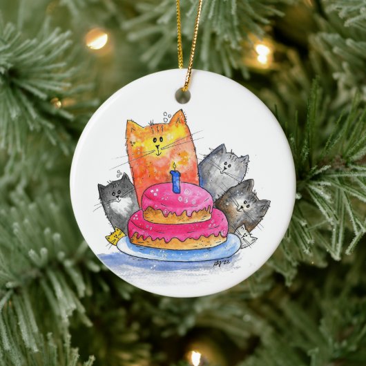 Whimsical Cats met Birthday Cake Keramisch Ornament (Boom)