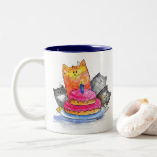 Whimsical Cats met Birthday Cake Tweekleurige Koffiemok
