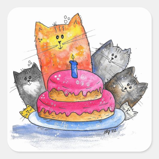 Whimsical Cats met Birthday Cake Vierkante Sticker (Voorkant)