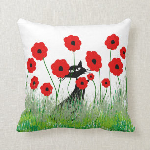 Whimsical Cats Pillow Black Cats and Poppies Kussen