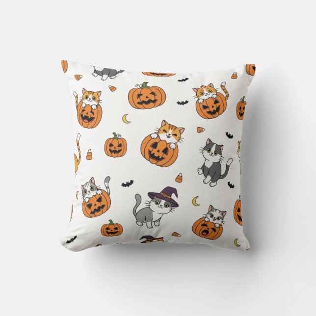 Whimsical Cats & Pumpkins Halloween Sierkussen (Voorkant)