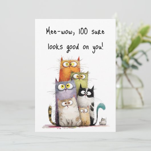 Whimsical Cats with Big Eyes 100th Birthday Flat Kaart (Staand voorkant)