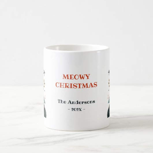 Whimsical Cats Xmas Tree Meowy Kerstmis met naam Koffiemok (Center)