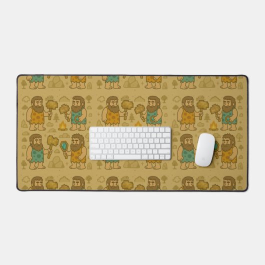 Whimsical Caveman Gamer with Pixelated Tools Bureaumat (Keyboard & Muis)
