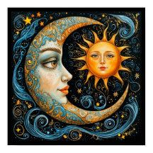 Whimsical Celestial Dream: Maan en Zon Kunst.
