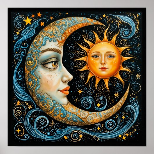 Whimsical Celestial Dream: Maan en Zon Kunst. Poster (Voorkant)
