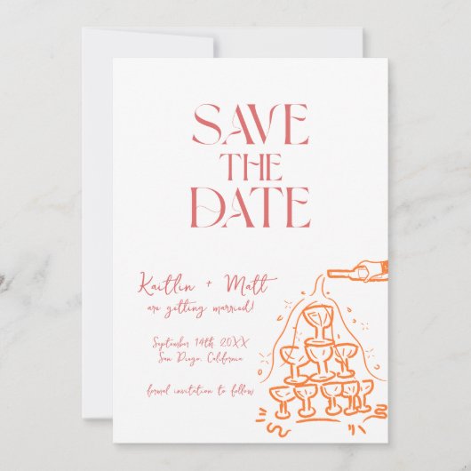 Whimsical Champagne Tower Save the Date Hand getek Kaart (Voorkant)