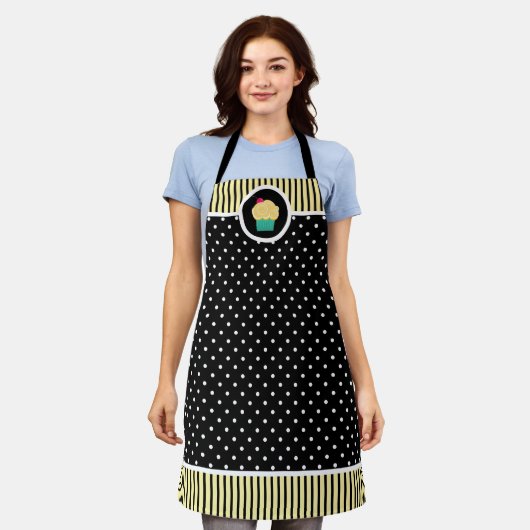 Whimsical Cherry Cupcake Baker Polka Dot Stripe Schort (Gedragen)