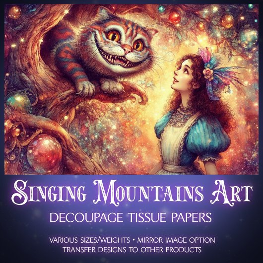 Whimsical Cheshire Cat In Tree And Alice Decoupage Tissuepapier