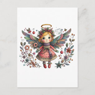 Whimsical Christmas Angel met meerkleurige vleugel Briefkaart