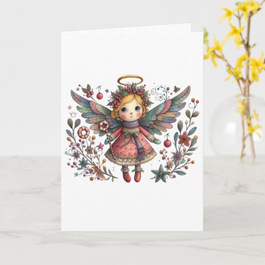 Whimsical Christmas Angel met meerkleurige vleugel Kaart (Gele Bloem)