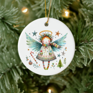 Whimsical Christmas Angel Moderne volkskunst stijl Keramisch Ornament