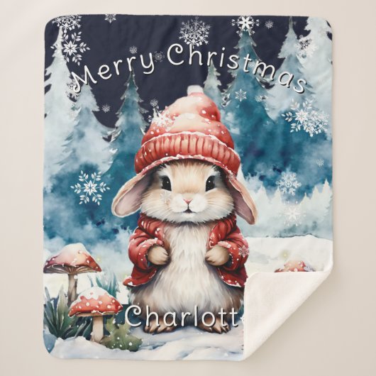 Whimsical Christmas Bunny gepersonaliseerd Sherpa Deken (Voorkant)