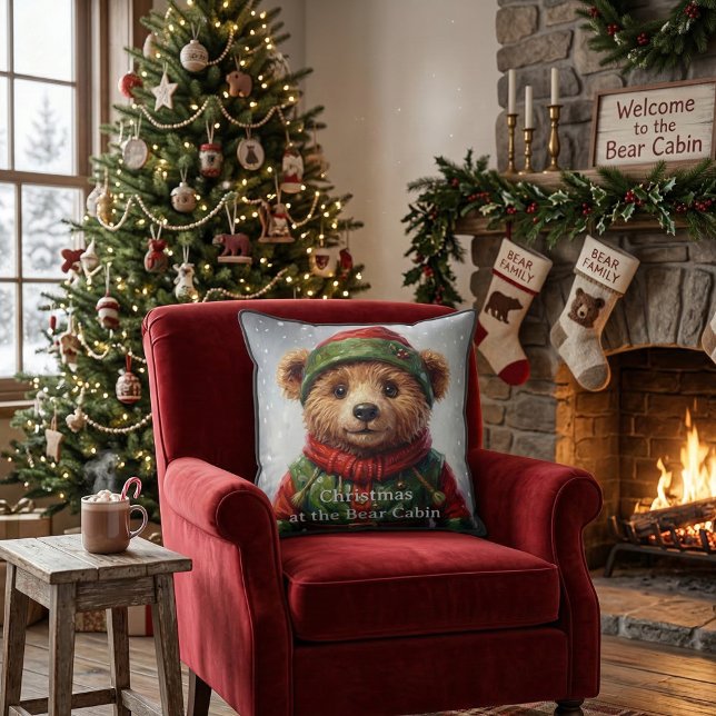 Whimsical Christmas Elf Teddy Bear Folklore Kussen (Cute Festive Teddy Bear Elf, whimsical storybook woodland animal Christmas Cushion, Holiday Pillow)