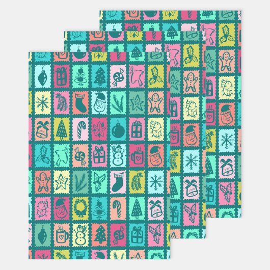 Whimsical Christmas Grid Cute Bright Holiday Inpakpapier Vel