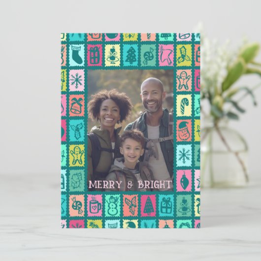 Whimsical Christmas Grid Cute Custom 3 PHOTO  Feestdagenkaart (Staand voorkant)