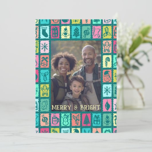 Whimsical Christmas Grid Cute Custom 3 PHOTO  Feestdagenkaart (Staand voorkant)