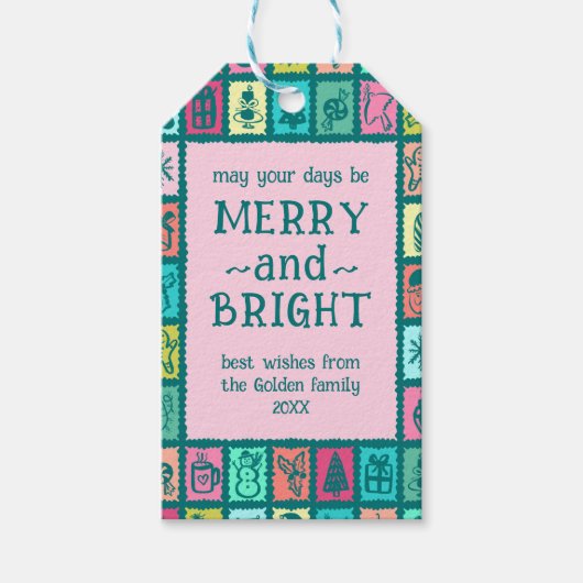 Whimsical Christmas Grid Cute Custom Cadeaulabel (Voorkant)
