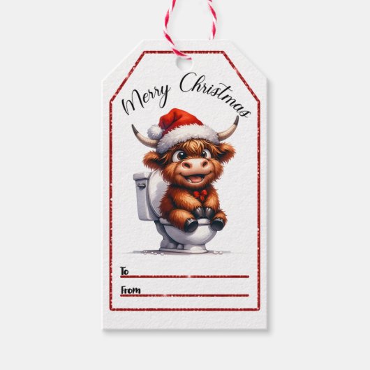 Whimsical Christmas label met een leuke Highland k Cadeaulabel (Voorkant)