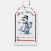 Whimsical Christmas label: sneeuwman op de wc Cadeaulabel (Voorkant)