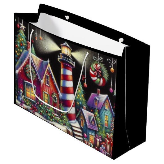 Whimsical Christmas Lighthouse Rood Roze Paarse Groot Cadeauzakje (Voorkant Gekanteld)