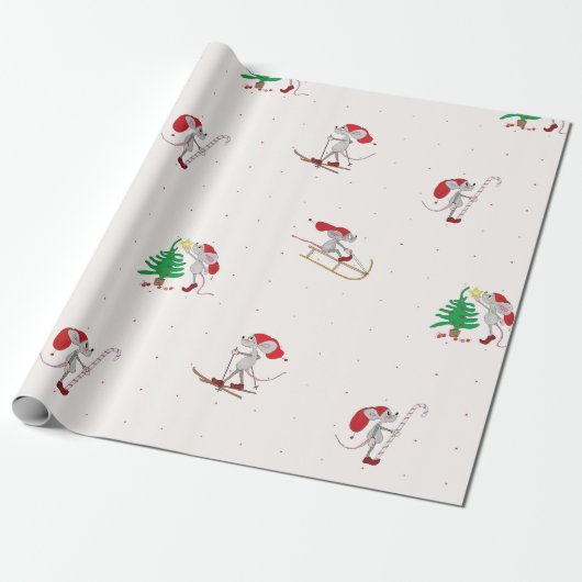 Whimsical Christmas Mice Wrapping Paper Cadeaupapier (Uitgerold)