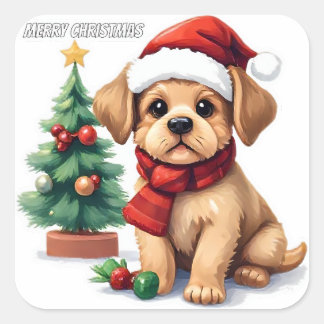 Whimsical Christmas Puppy Sticker | "Merry Christm