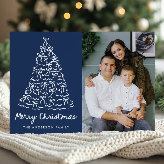 Whimsical Christmas Tree Bows Navy Photo Feestdagenkaart
