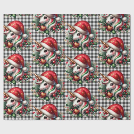 Whimsical Christmas Unicorn Buffalo Plaid Cadeaupapier (Vlak)
