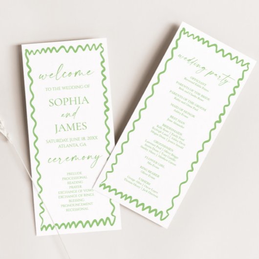 Whimsical Citrus Green Wavy Border Wedding Programma