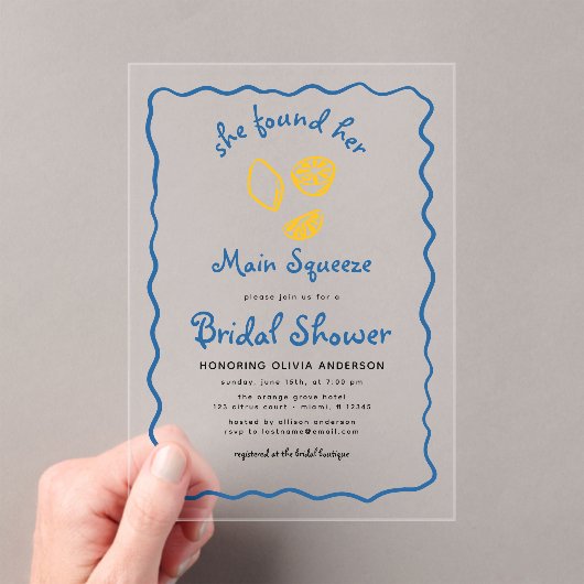 Whimsical Citrus Main Squeeze Funky Vrijgezellenfe Acryl Uitnodigingen (Insitu (Draagbaar))